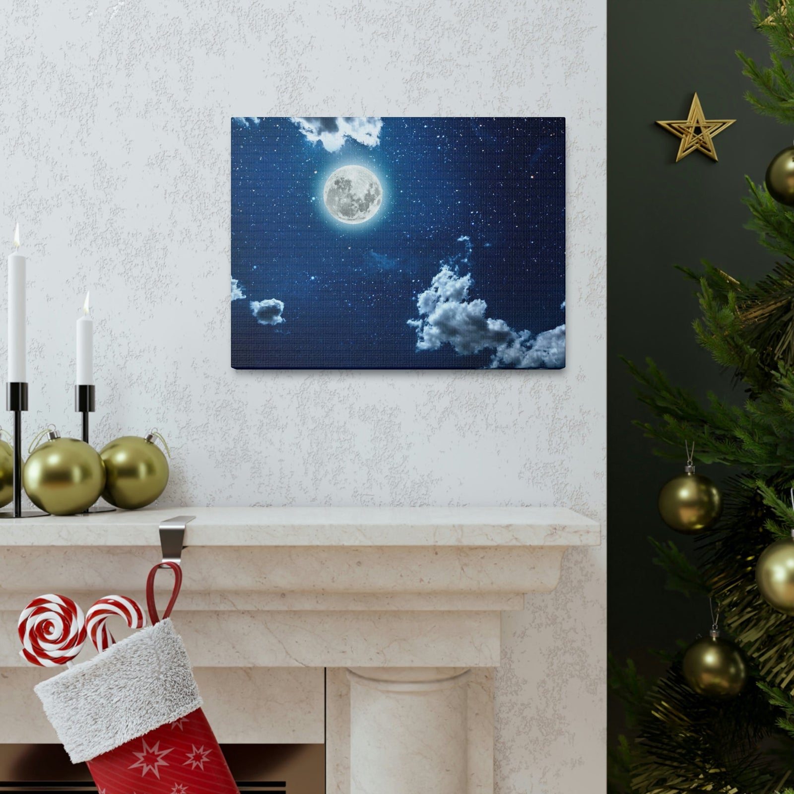 Night Sky With Stars Scene Beautiful Moon and Clouds Beauty Nature Scene Shining Bright Nature Wall Art Ready to Hang Unframed-Express Your Love Gifts