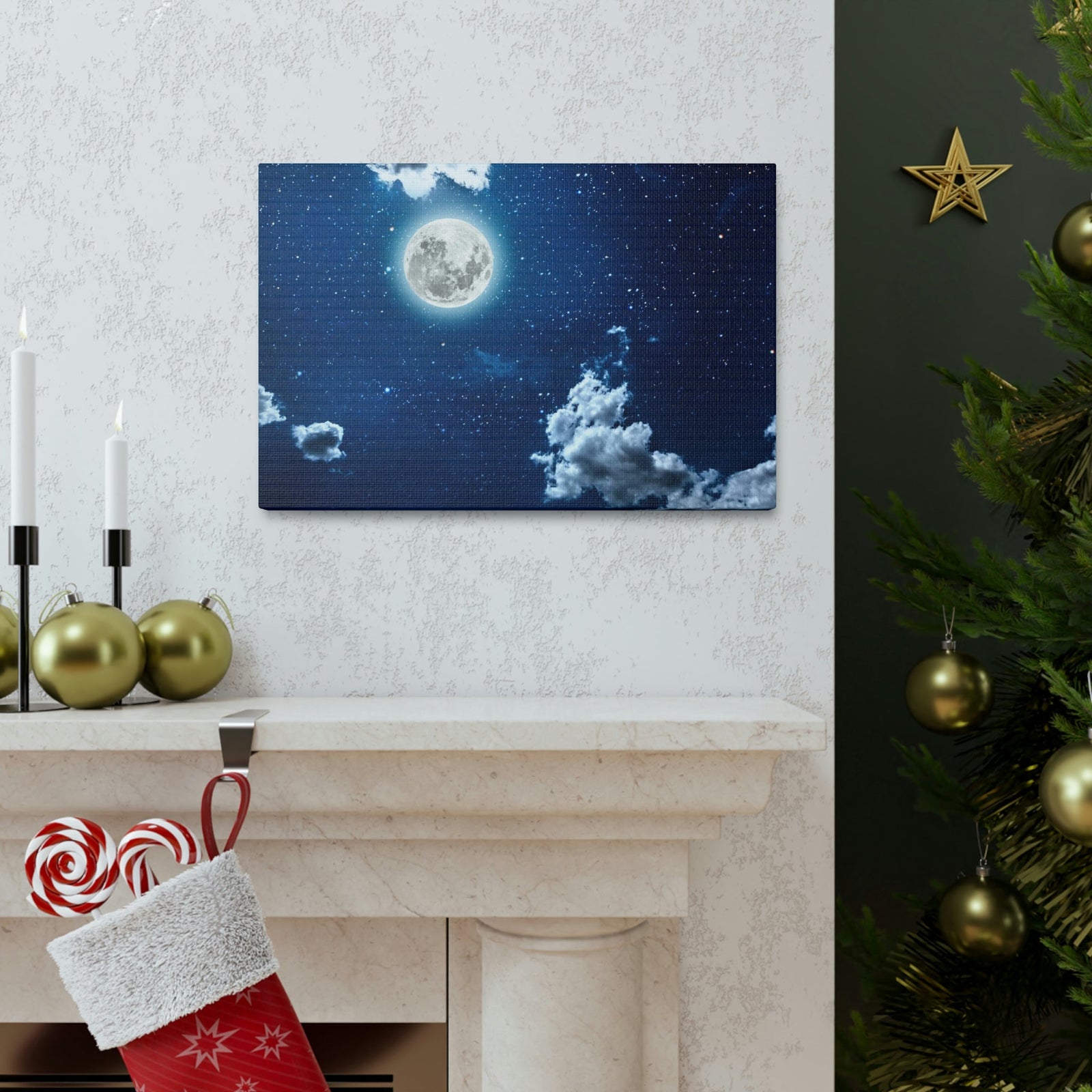 Night Sky With Stars Scene Beautiful Moon and Clouds Beauty Nature Scene Shining Bright Nature Wall Art Ready to Hang Unframed-Express Your Love Gifts