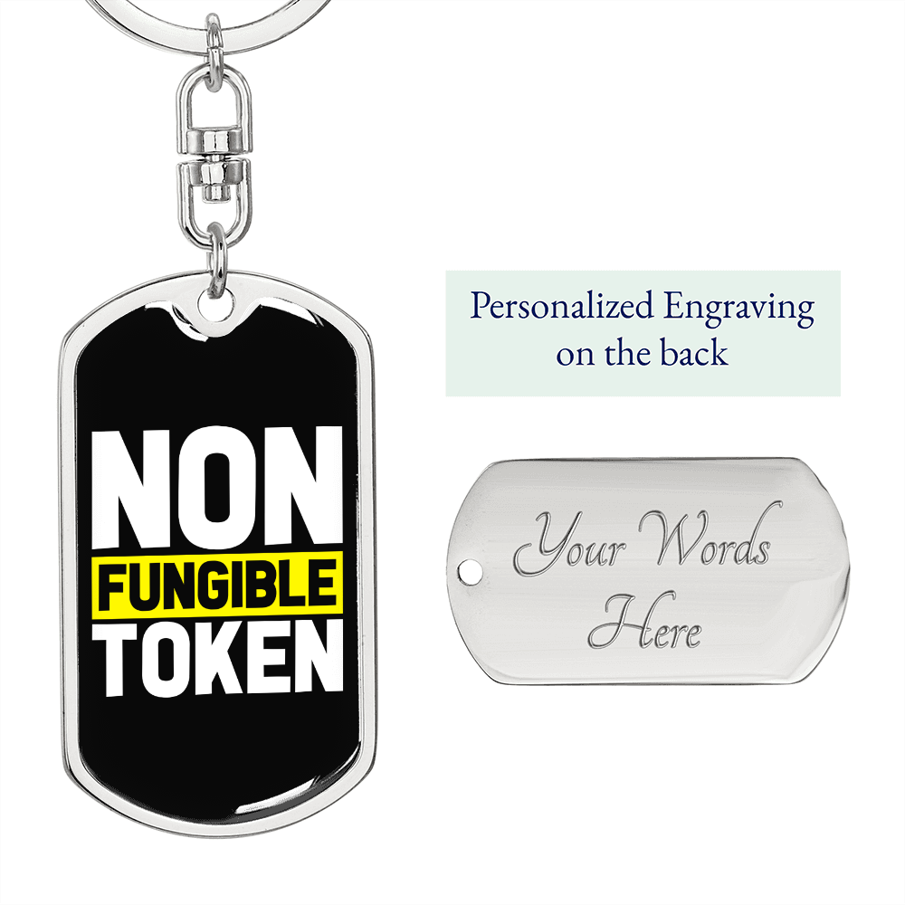 Non Fungible Token Crypto Keychain Stainless Steel or 18k Gold Dog Tag Keyring-Express Your Love Gifts