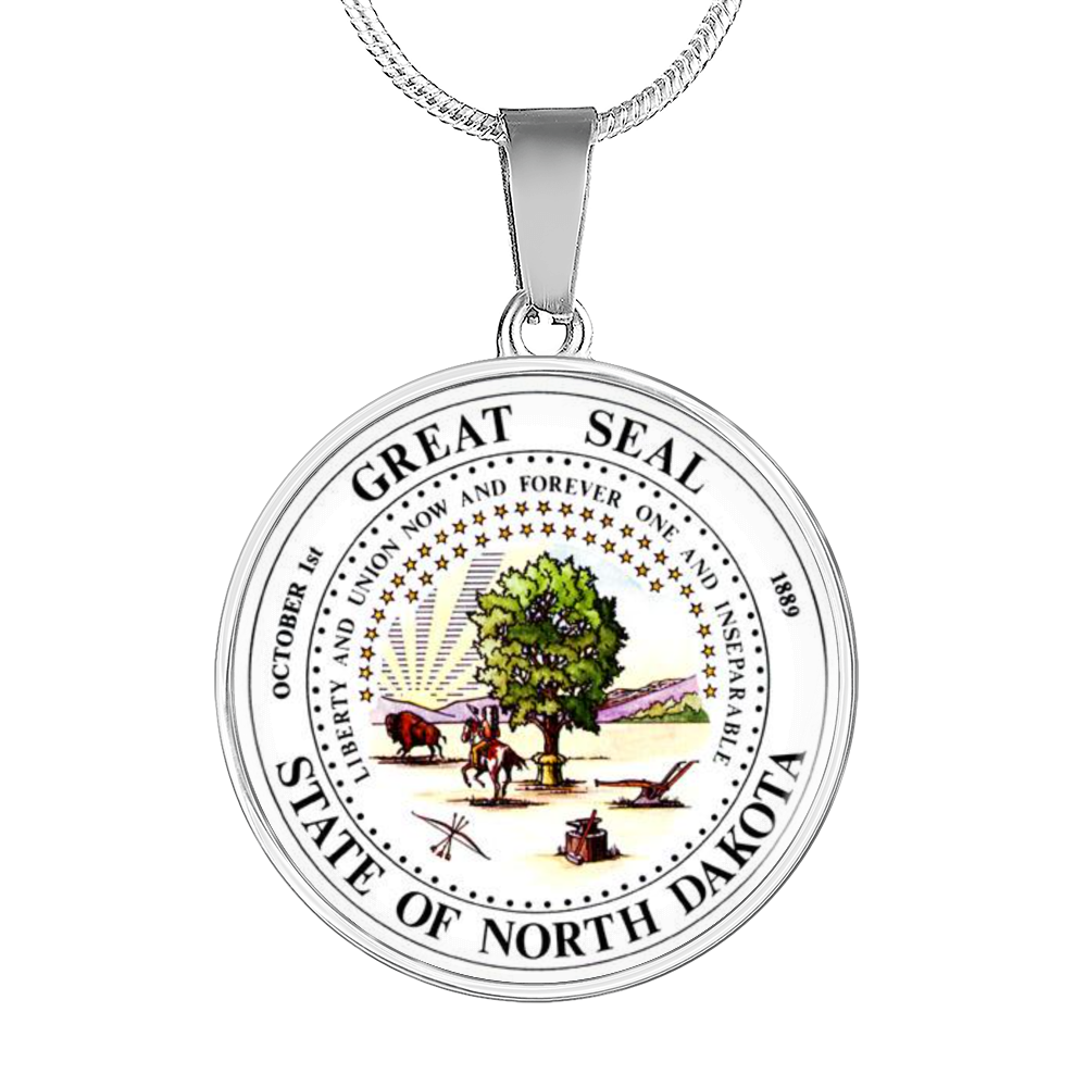 North Dakota State Seal Necklace Circle Pendant Stainless Steel or 18k Gold 18-22"-Express Your Love Gifts