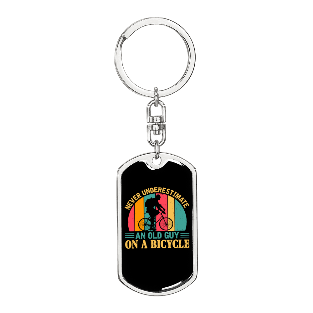 Old Guy On A Bicycle Cycling Keychain Stainless Steel or 18k Gold Dog Tag Keyring-Express Your Love Gifts