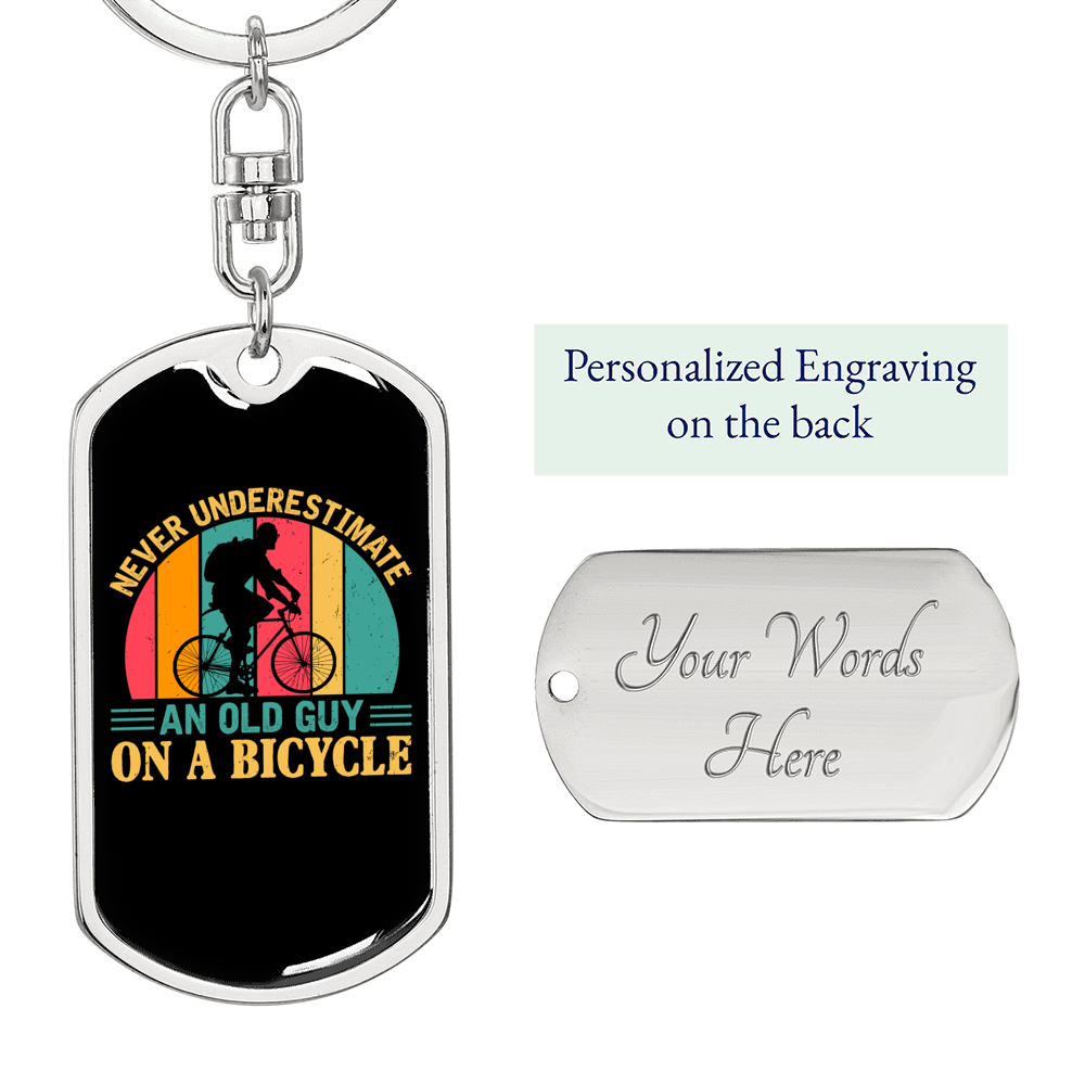 Old Guy On A Bicycle Cycling Keychain Stainless Steel or 18k Gold Dog Tag Keyring-Express Your Love Gifts