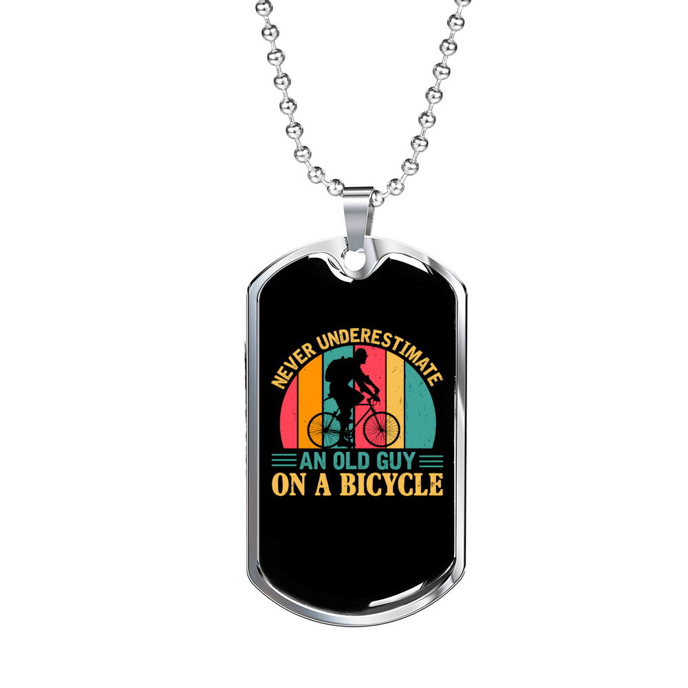 Old Guy On A Bicycle Cycling Necklace Stainless Steel or 18k Gold Dog Tag 24"-Express Your Love Gifts