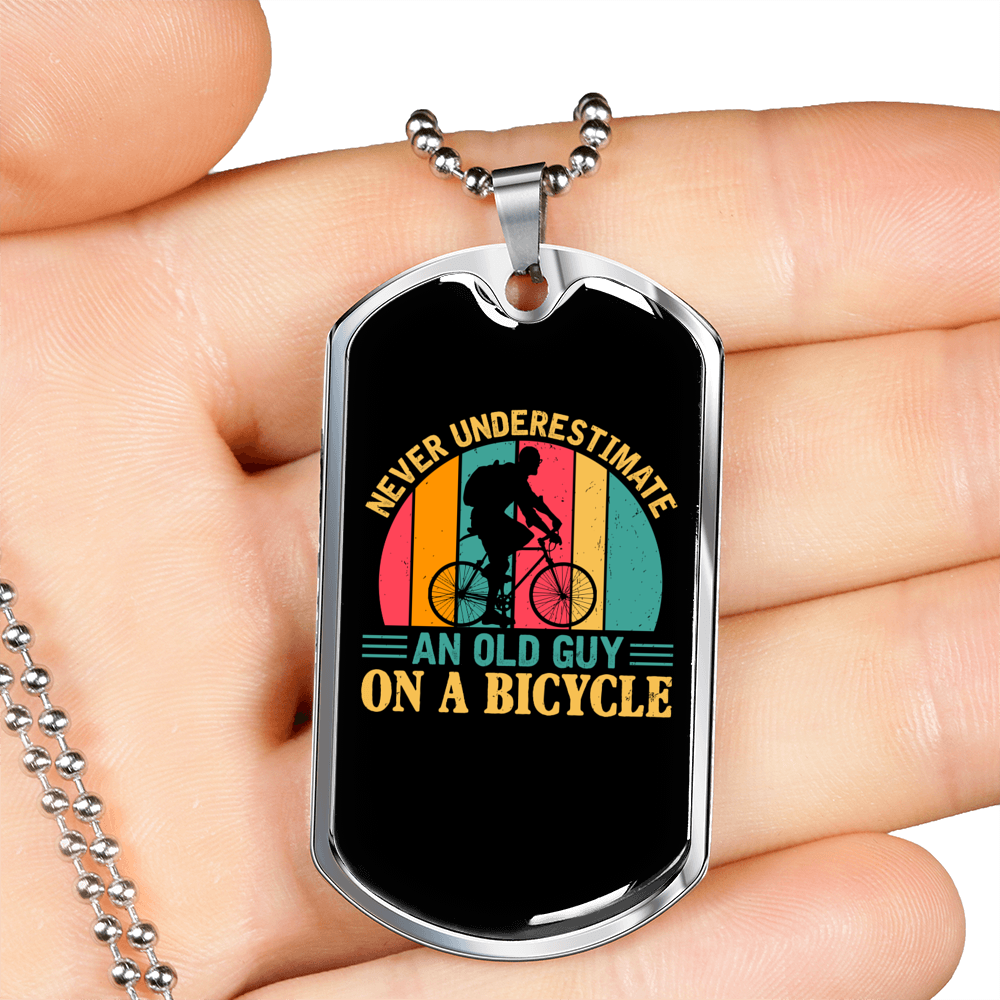Old Guy On A Bicycle Cycling Necklace Stainless Steel or 18k Gold Dog Tag 24"-Express Your Love Gifts