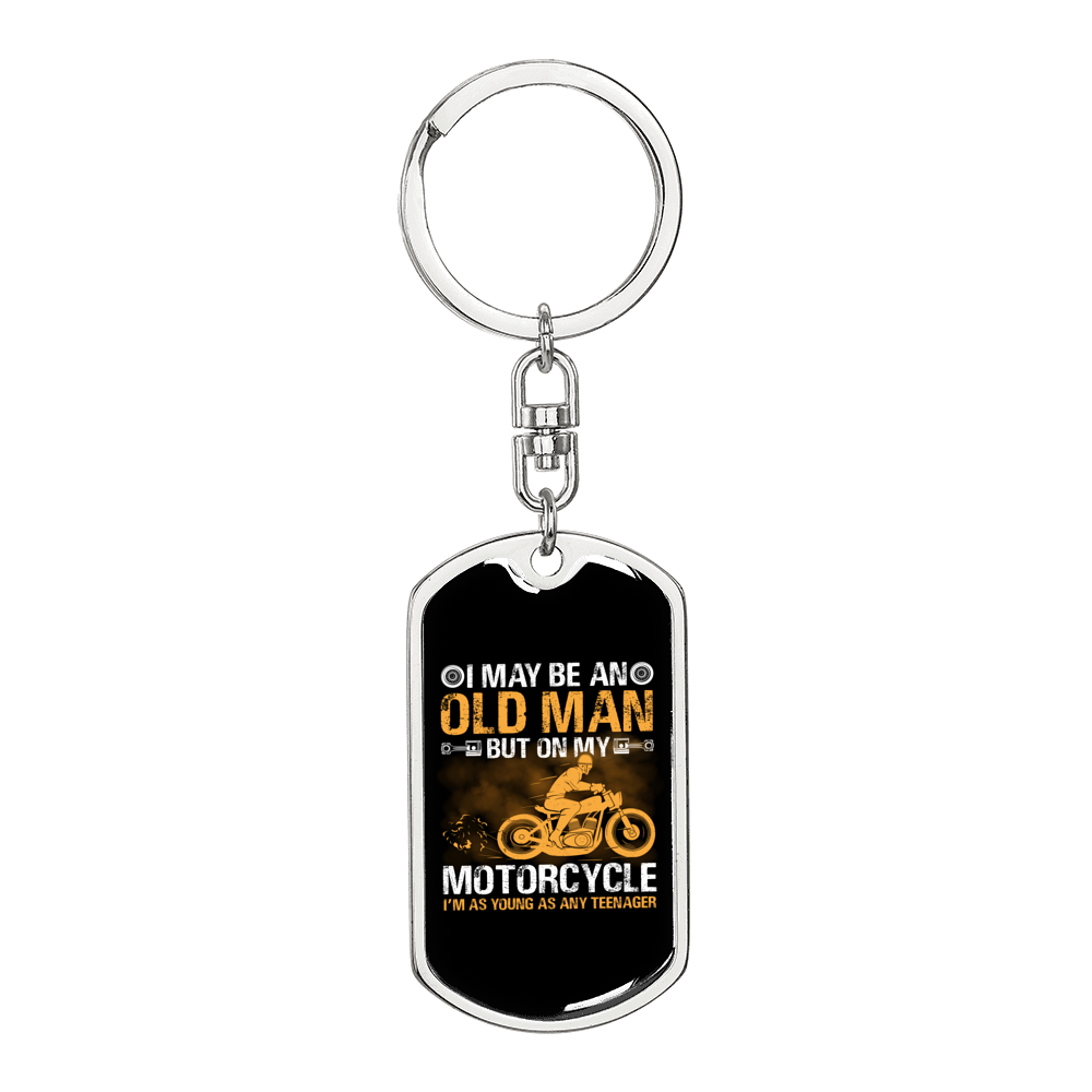 Old Man On Motorcycle Biker Keychain Stainless Steel or 18k Gold Dog Tag Keyring-Express Your Love Gifts