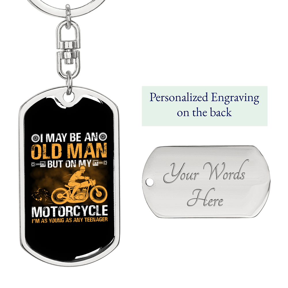 Old Man On Motorcycle Biker Keychain Stainless Steel or 18k Gold Dog Tag Keyring-Express Your Love Gifts