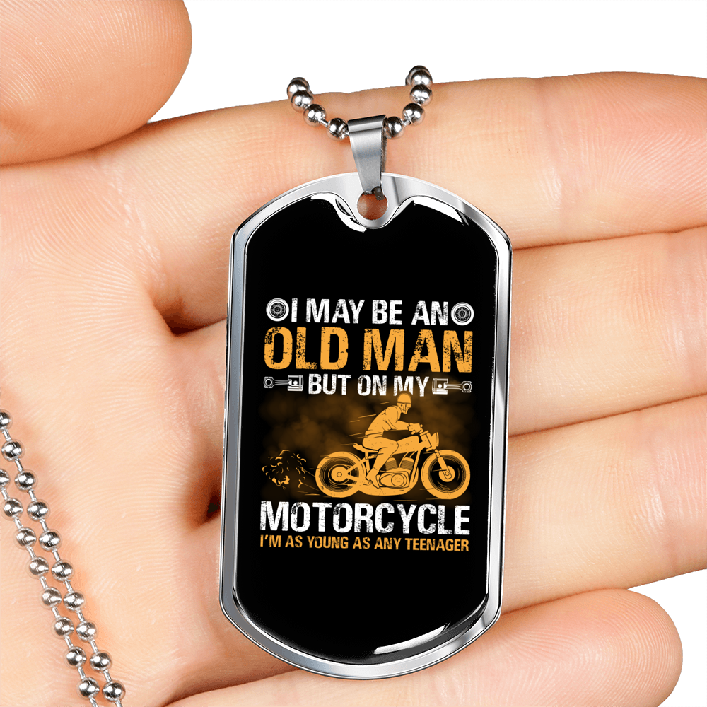 Old Man On Motorcycle Biker Necklace Stainless Steel or 18k Gold Dog Tag 24"-Express Your Love Gifts