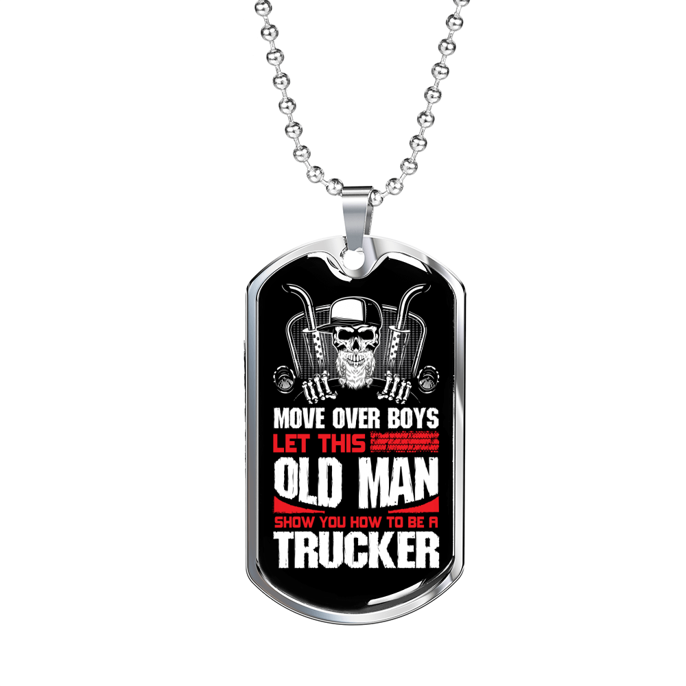 Old Man Trucker Dog Tag Stainless Steel or 18k Gold 24" Chain-Express Your Love Gifts