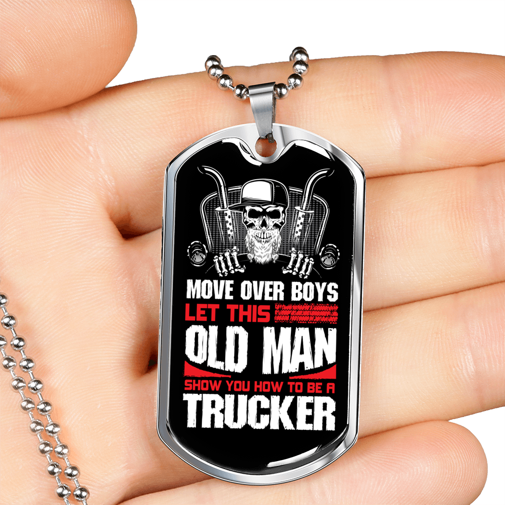 Old Man Trucker Dog Tag Stainless Steel or 18k Gold 24" Chain-Express Your Love Gifts