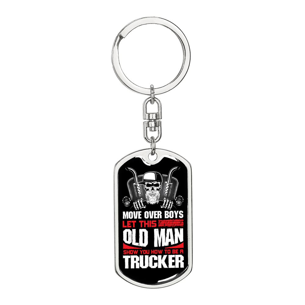 Old Man Trucker Swivel Keychain Dog Tag Stainless Steel or 18k Gold-Express Your Love Gifts