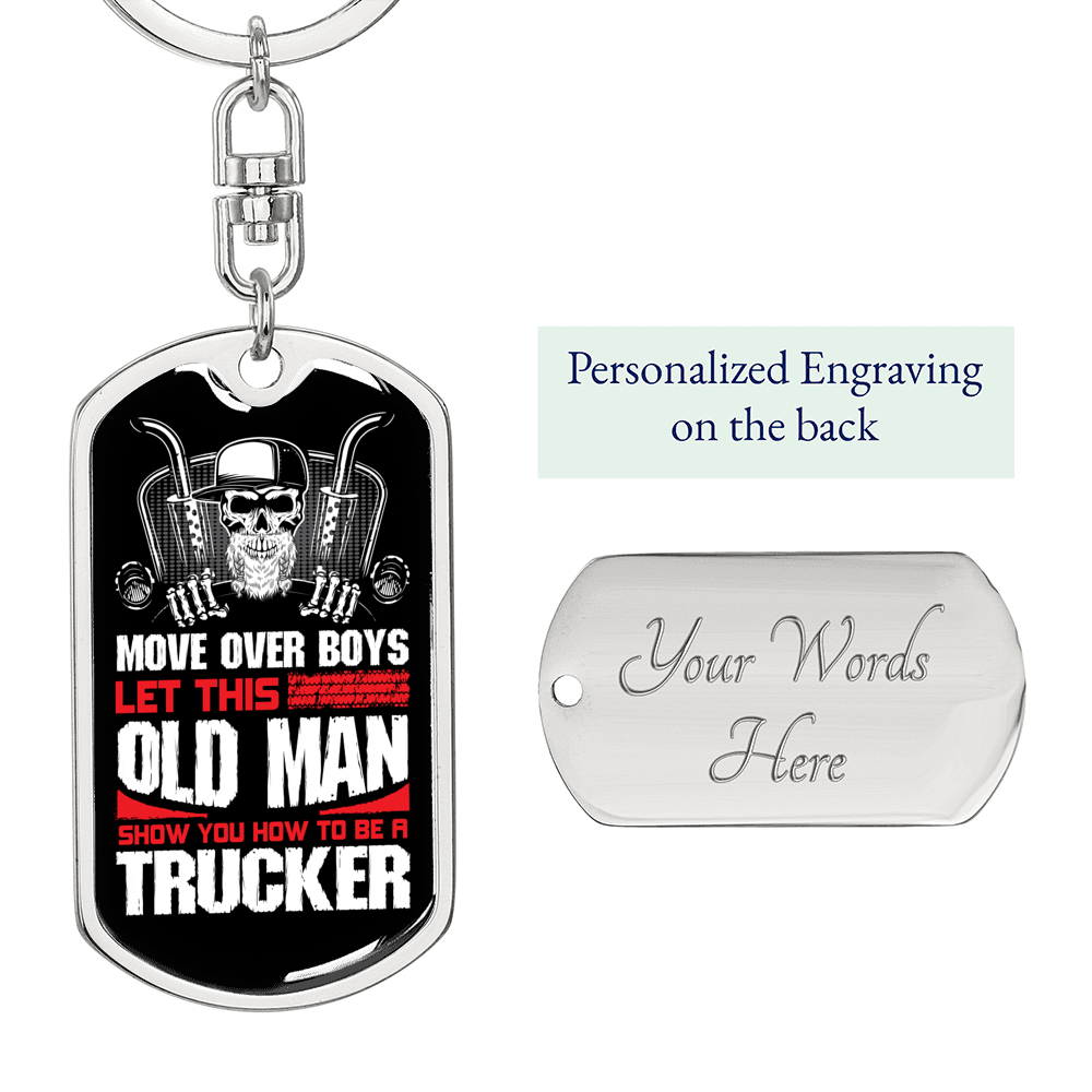 Old Man Trucker Swivel Keychain Dog Tag Stainless Steel or 18k Gold-Express Your Love Gifts