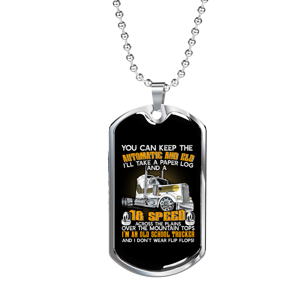 Old School Trucker Dog Tag Stainless Steel or 18k Gold 24" Chain-Express Your Love Gifts