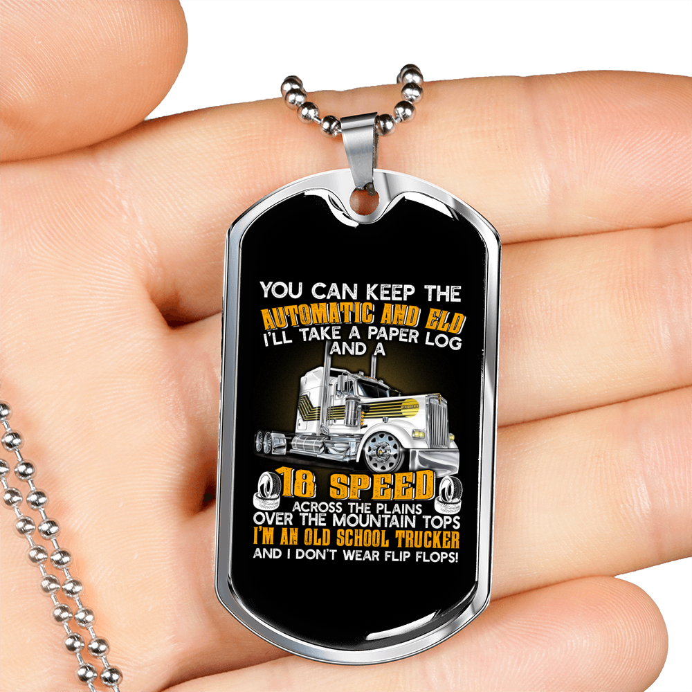 Old School Trucker Dog Tag Stainless Steel or 18k Gold 24" Chain-Express Your Love Gifts