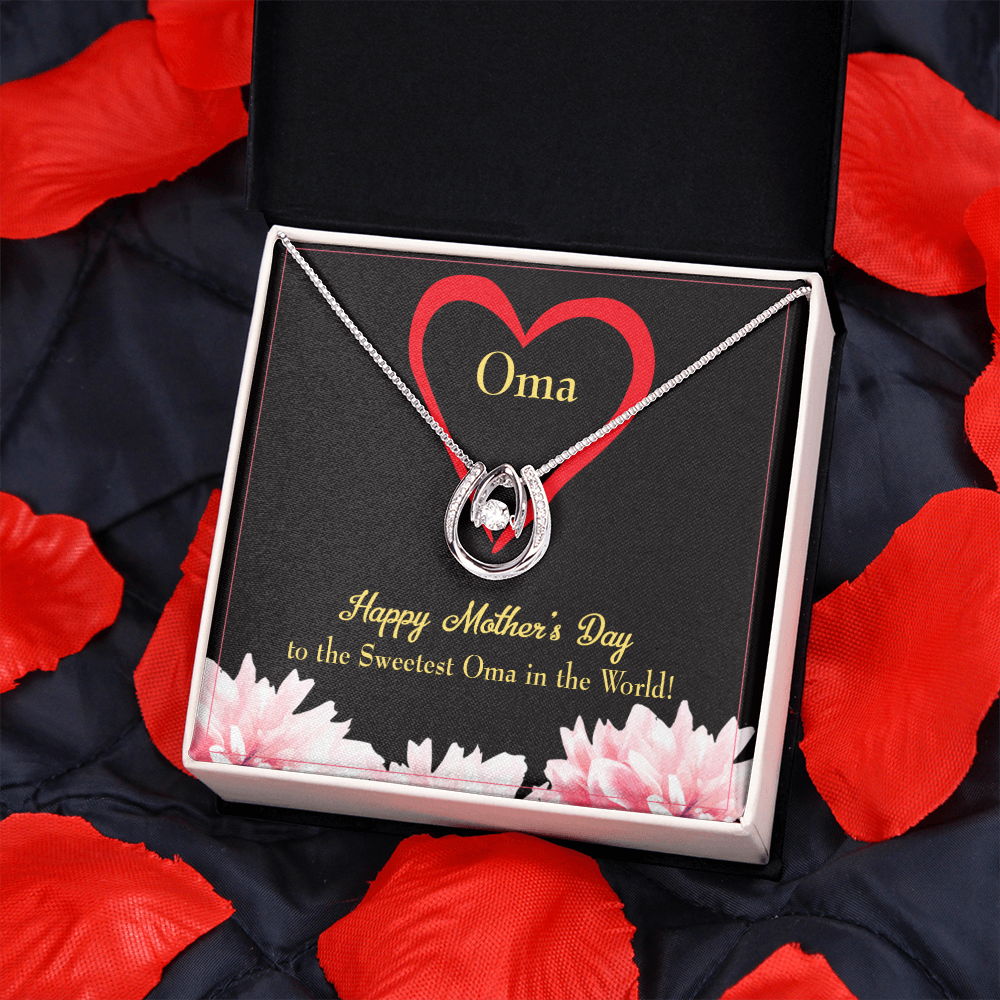 Oma Lucky Horseshoe Necklace Message Card 14k w CZ Crystals-Express Your Love Gifts