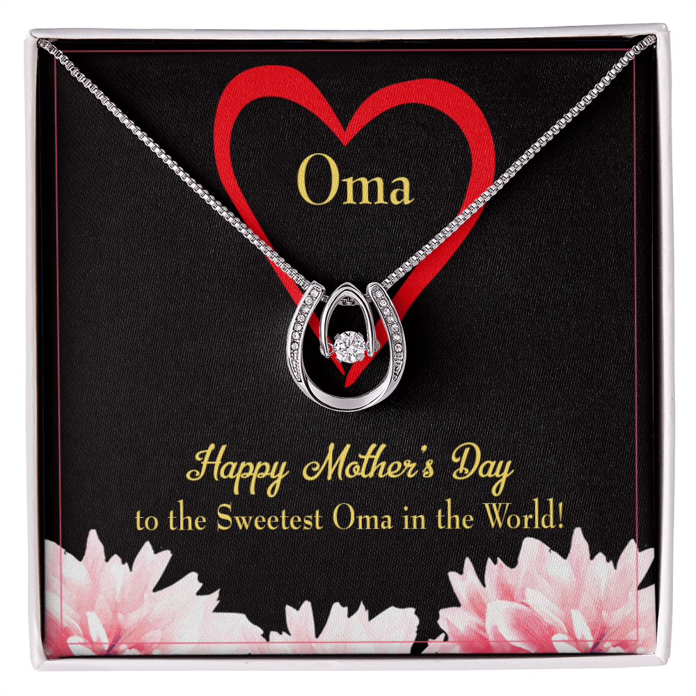 Oma Lucky Horseshoe Necklace Message Card 14k w CZ Crystals-Express Your Love Gifts