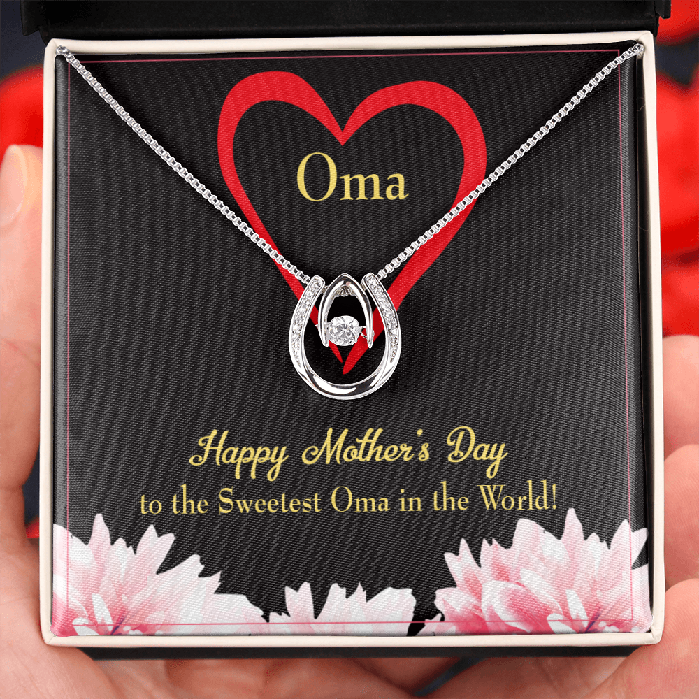 Oma Lucky Horseshoe Necklace Message Card 14k w CZ Crystals-Express Your Love Gifts