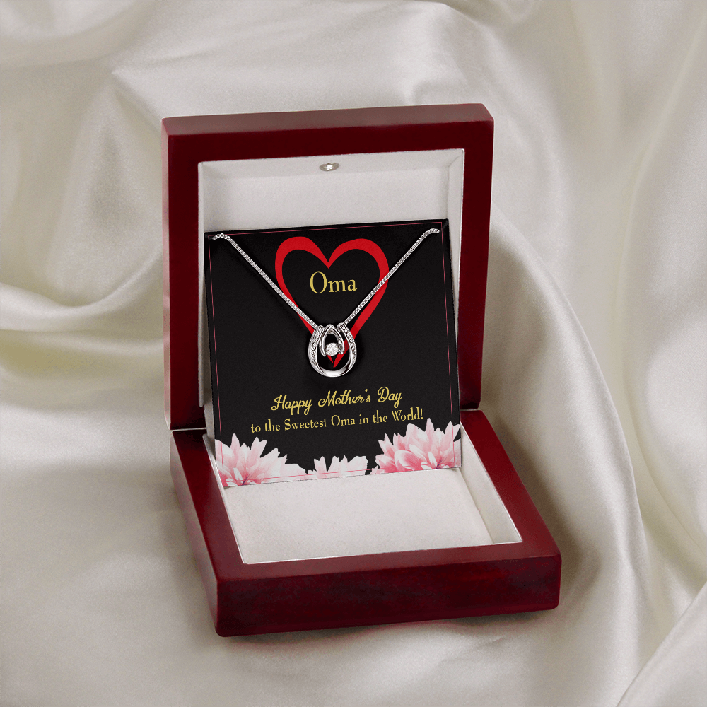 Oma Lucky Horseshoe Necklace Message Card 14k w CZ Crystals-Express Your Love Gifts