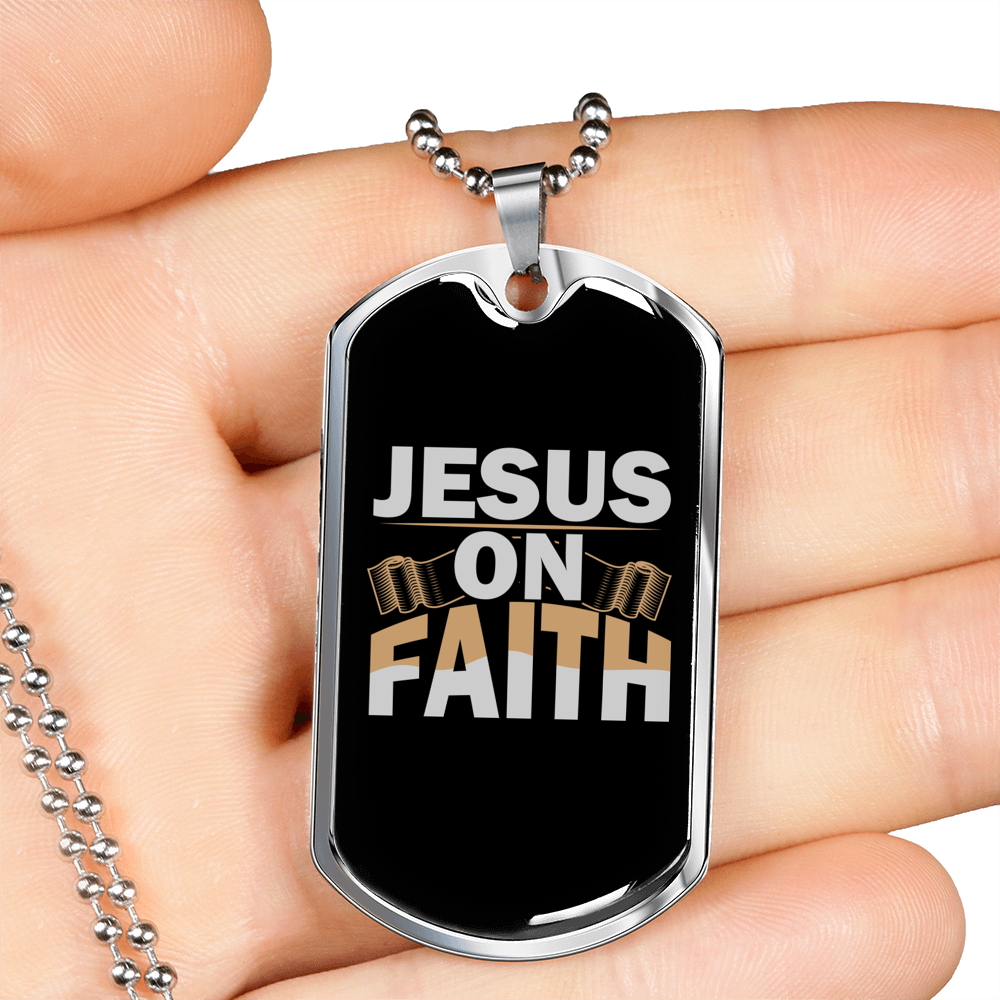 On Faith Christian Necklace Stainless Steel or 18k Gold Dog Tag 24" Chain-Express Your Love Gifts