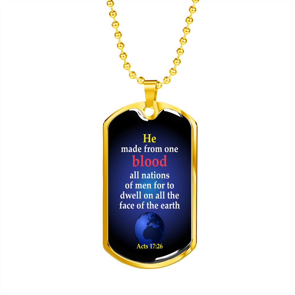 One Race Bible Verse Acts 17:26 Necklace Stainless Steel or 18k Gold Dog Tag 24" Chain-Express Your Love Gifts