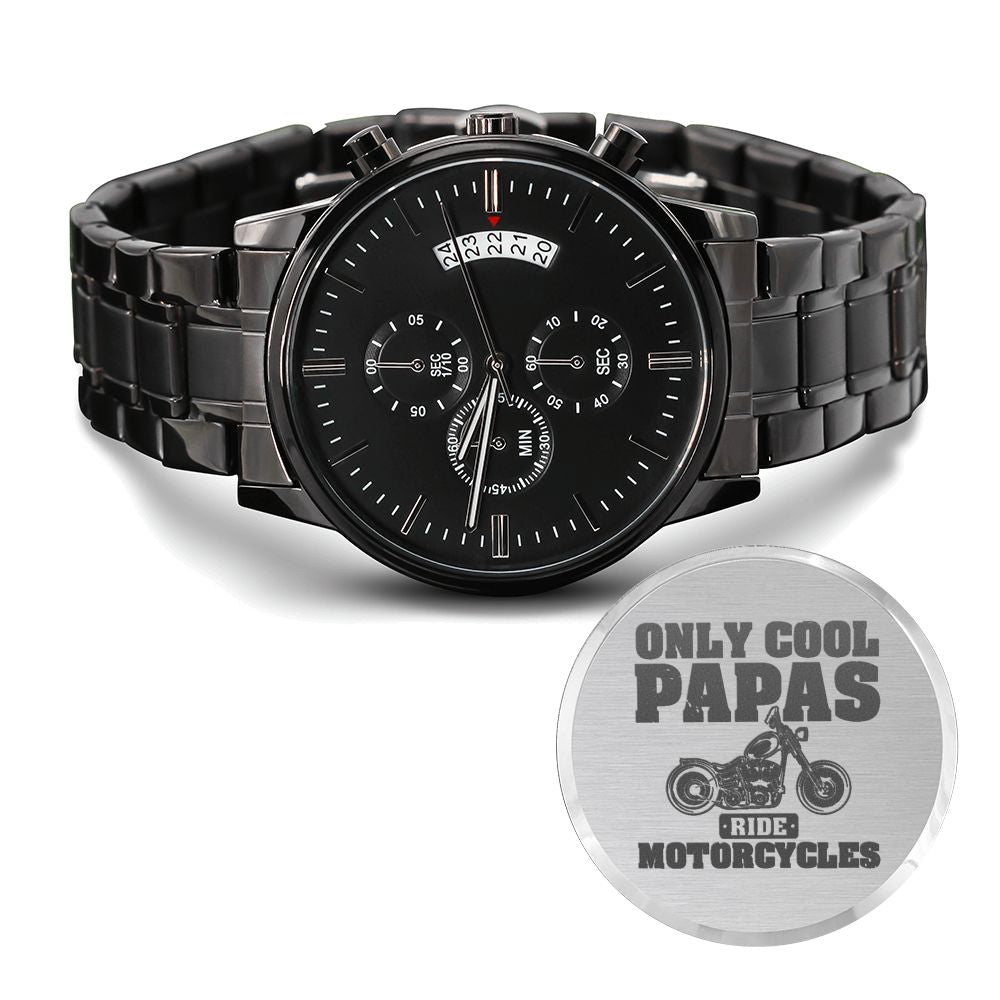 Only Cool Papas Engraved Motorcycle Rider Men's Watch Multifunction Stainless Steel W Copper Dial-Express Your Love Gifts