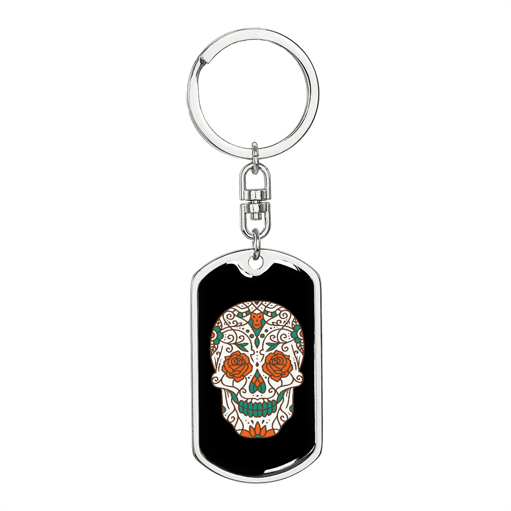 Orange Rose Eyes Sugar Skull Keychain Stainless Steel or 18k Gold Dog Tag Keyring-Express Your Love Gifts