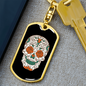 Orange Rose Eyes Sugar Skull Keychain Stainless Steel or 18k Gold Dog Tag Keyring-Express Your Love Gifts