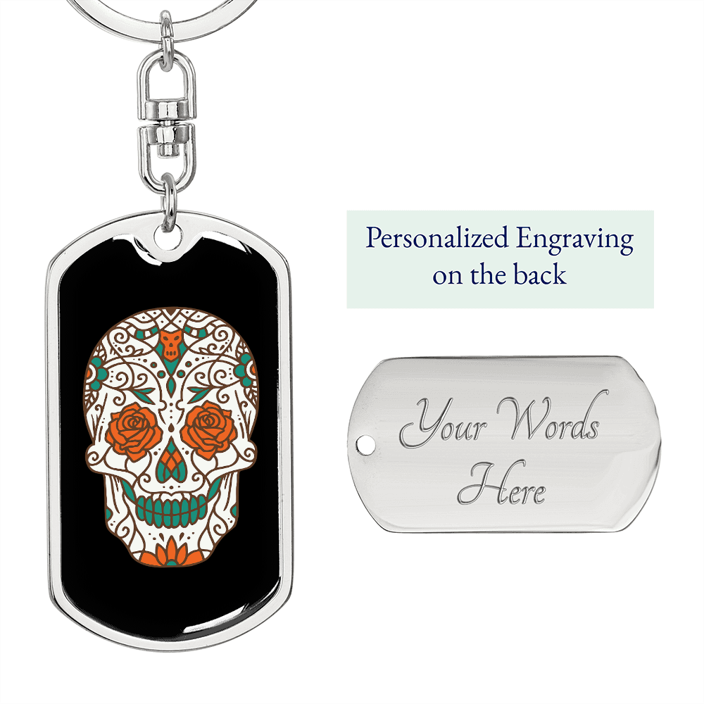 Orange Rose Eyes Sugar Skull Keychain Stainless Steel or 18k Gold Dog Tag Keyring-Express Your Love Gifts