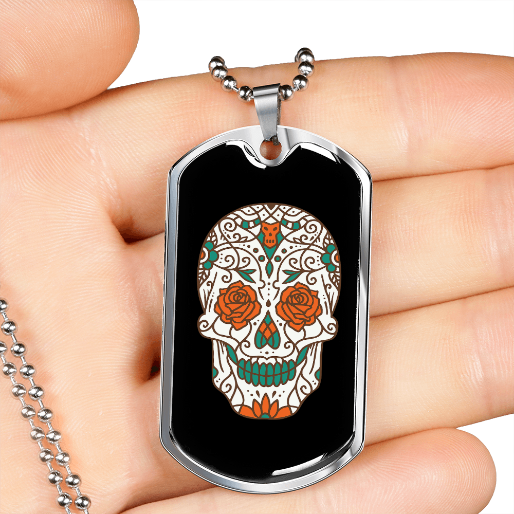 Orange Rose Eyes Sugar Skull Necklace Stainless Steel or 18k Gold Dog Tag 24" Chain-Express Your Love Gifts