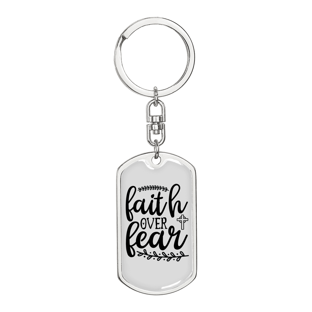 Over Fear Keychain Stainless Steel or 18k Gold Dog Tag Keyring-Express Your Love Gifts