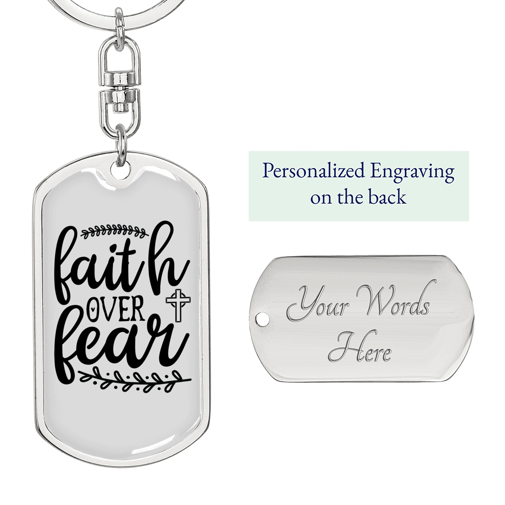 Over Fear Keychain Stainless Steel or 18k Gold Dog Tag Keyring-Express Your Love Gifts