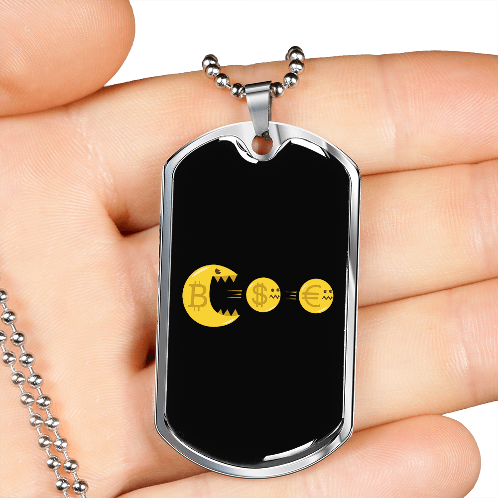 PacMan Bitcoin Dollar Euro Crypto Necklace Stainless Steel or 18k Gold Dog Tag 24" Chain-Express Your Love Gifts