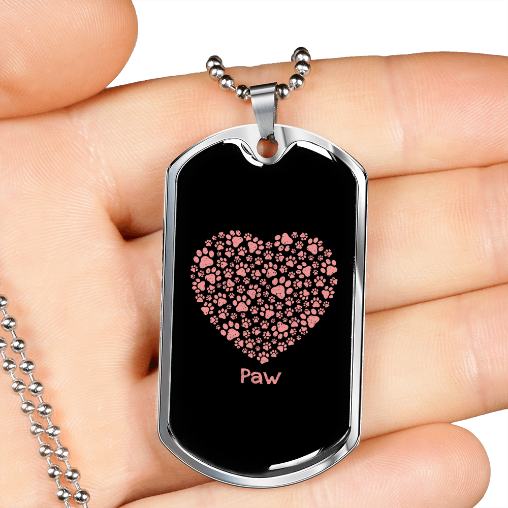 Paw Heart Necklace Stainless Steel or 18k Gold Dog Tag 24" Chain-Express Your Love Gifts