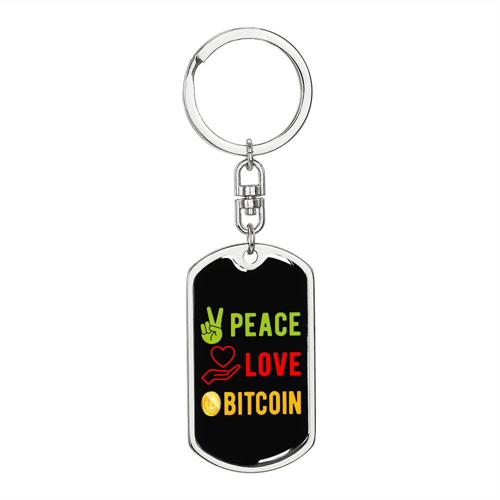 Peace Love Bitcoin Crypto Keychain Stainless Steel or 18k Gold Dog Tag Keyring-Express Your Love Gifts
