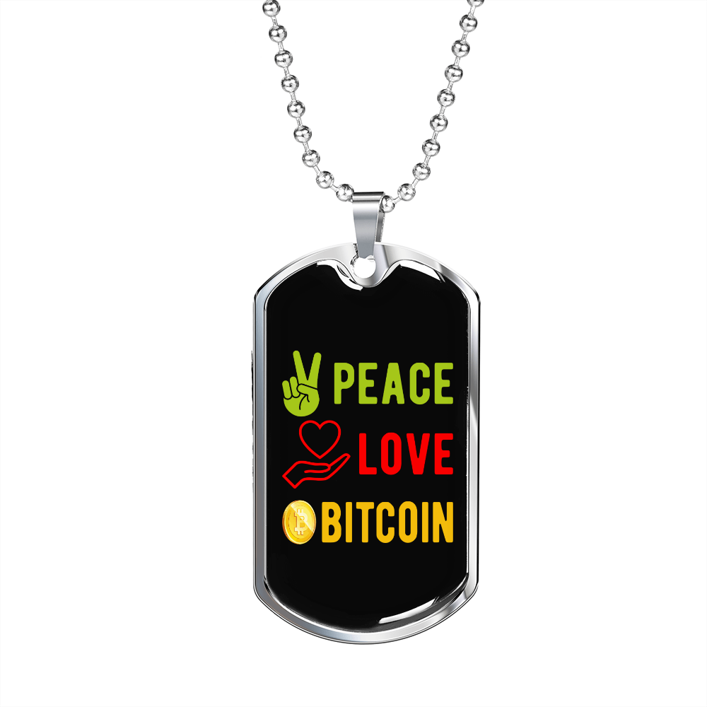 Peace Love Bitcoin Crypto Necklace Stainless Steel or 18k Gold Dog Tag 24" Chain-Express Your Love Gifts