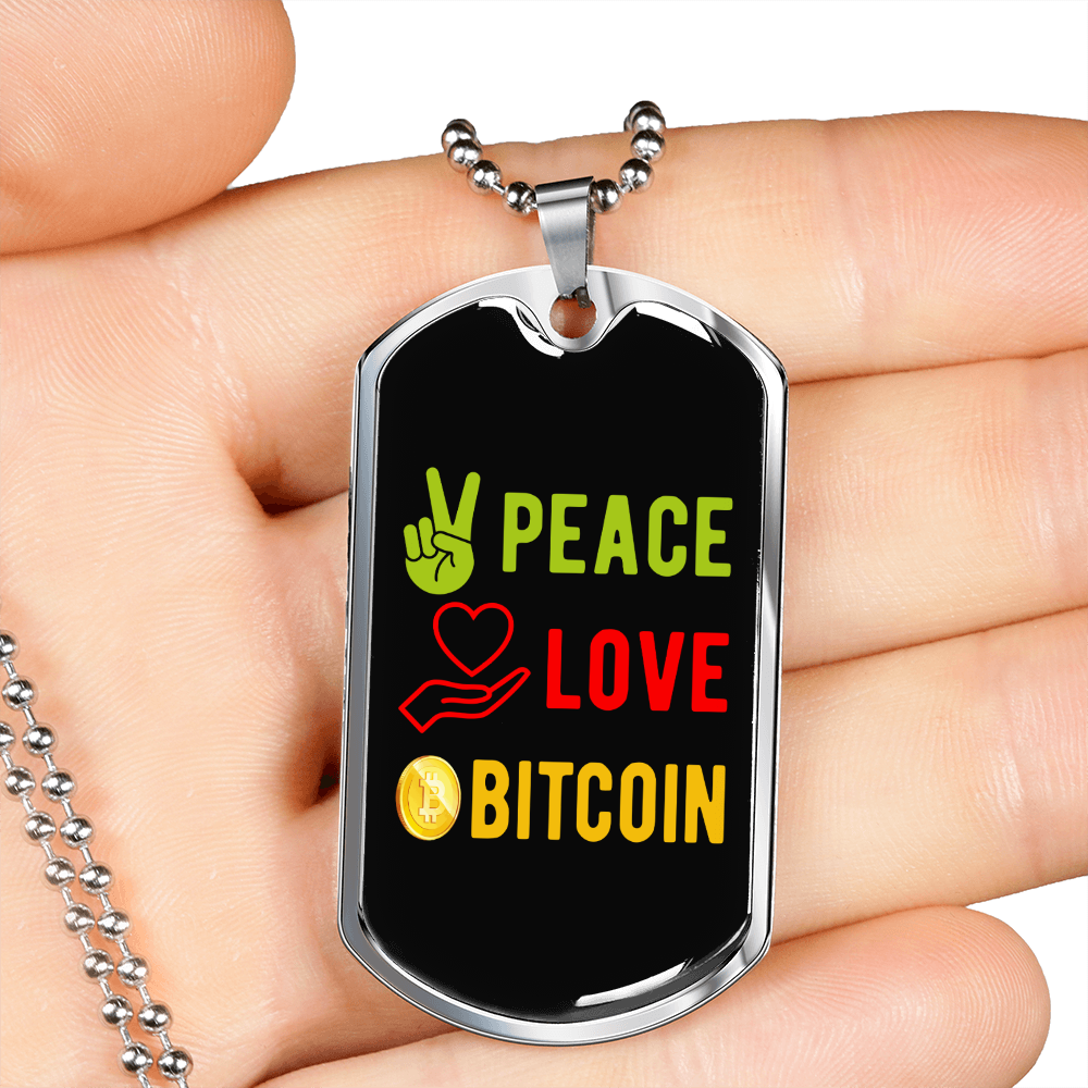 Peace Love Bitcoin Crypto Necklace Stainless Steel or 18k Gold Dog Tag 24" Chain-Express Your Love Gifts