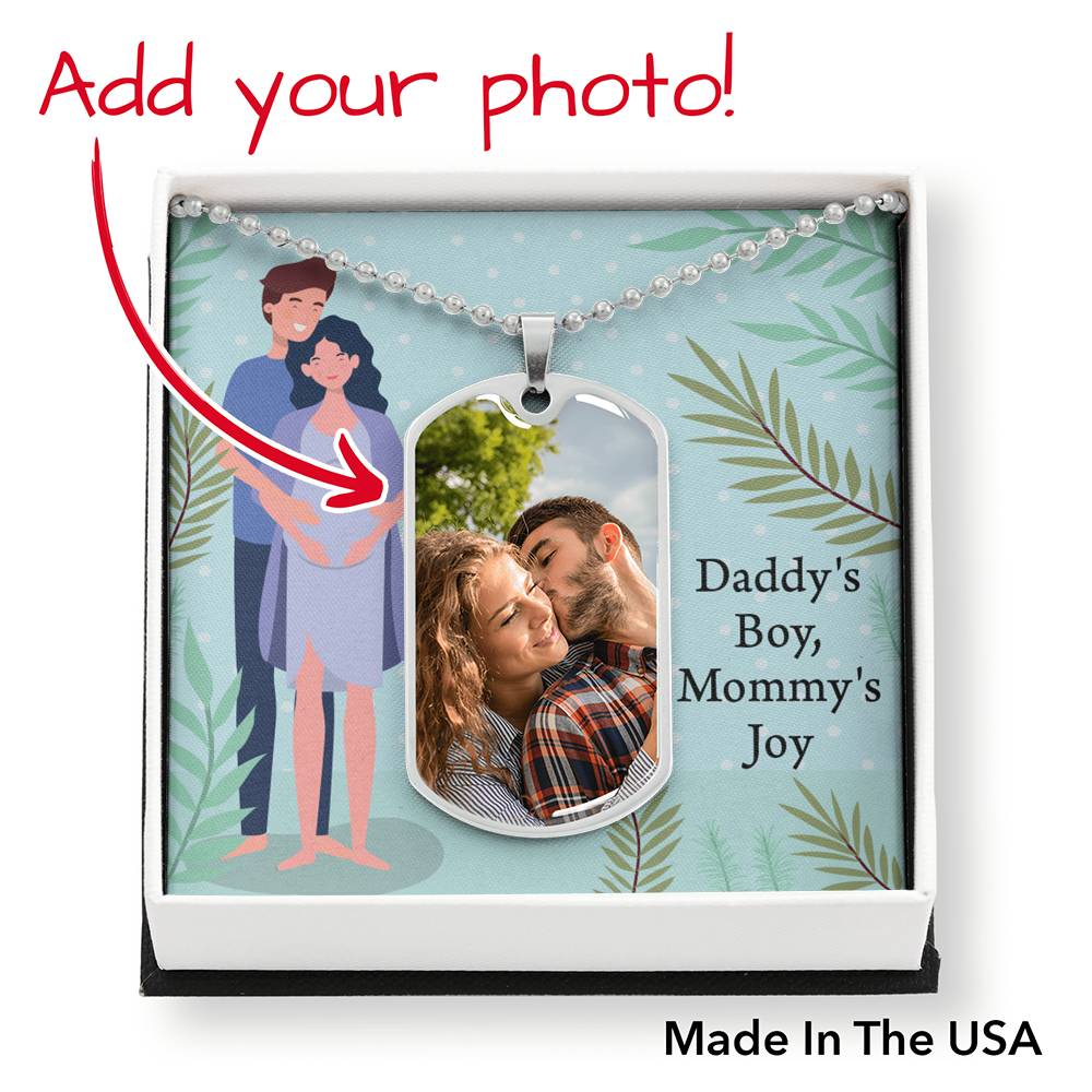 Personalized Expecting Mother Daddy's Boy Mommy's Joy Pregnancy Message Necklace Dog Tag Stainless Steel or 18k Gold 24" Chain"-Express Your Love Gifts