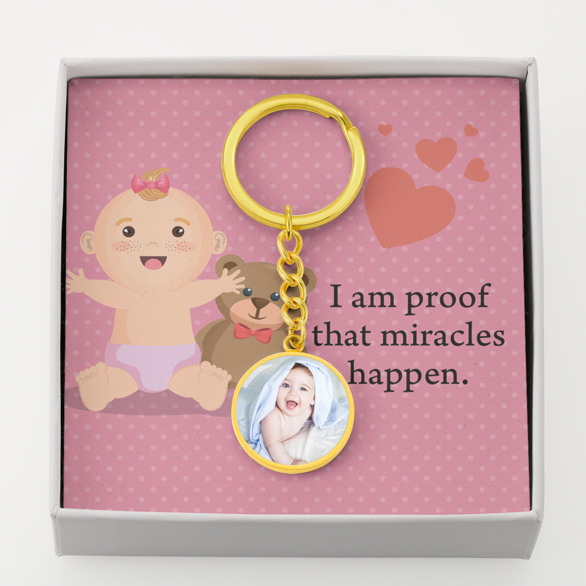 Personalized Expecting Mother Miracles Happen Pregnancy Message Circle Keychain Stainless Steel or 18k Gold-Express Your Love Gifts