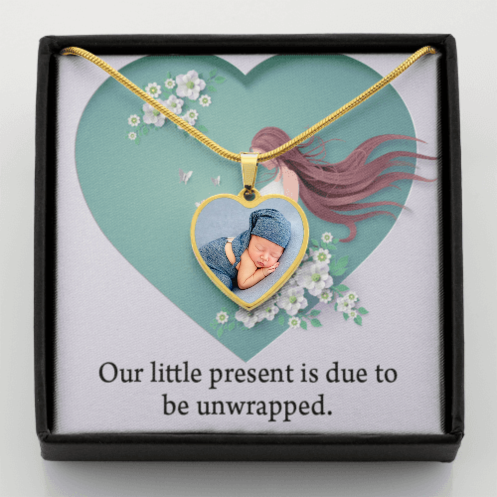 Personalized Expecting Mother Our Little Present Pregnancy Message Stainless Steel or 18k Gold Heart Pendant Necklace 18-22"-Express Your Love Gifts