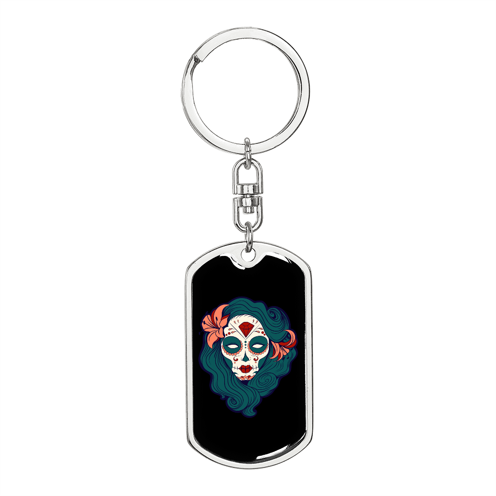 Pin Up Sugar Skull Keychain Stainless Steel or 18k Gold Dog Tag Keyring-Express Your Love Gifts