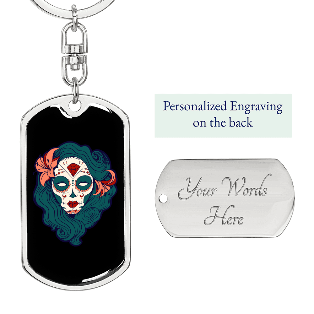 Pin Up Sugar Skull Keychain Stainless Steel or 18k Gold Dog Tag Keyring-Express Your Love Gifts