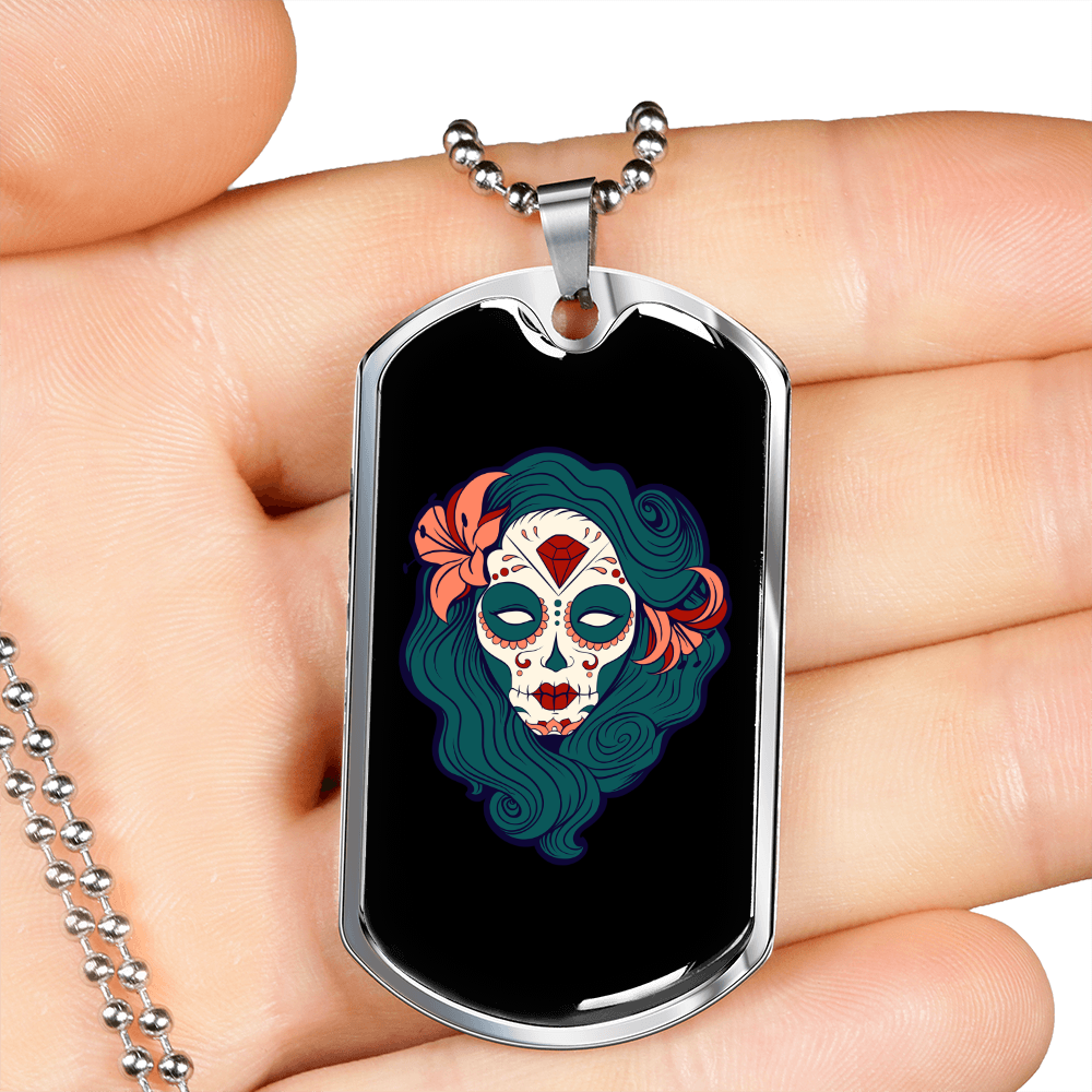 Pin Up Sugar Skull Necklace Stainless Steel or 18k Gold Dog Tag 24" Chain-Express Your Love Gifts