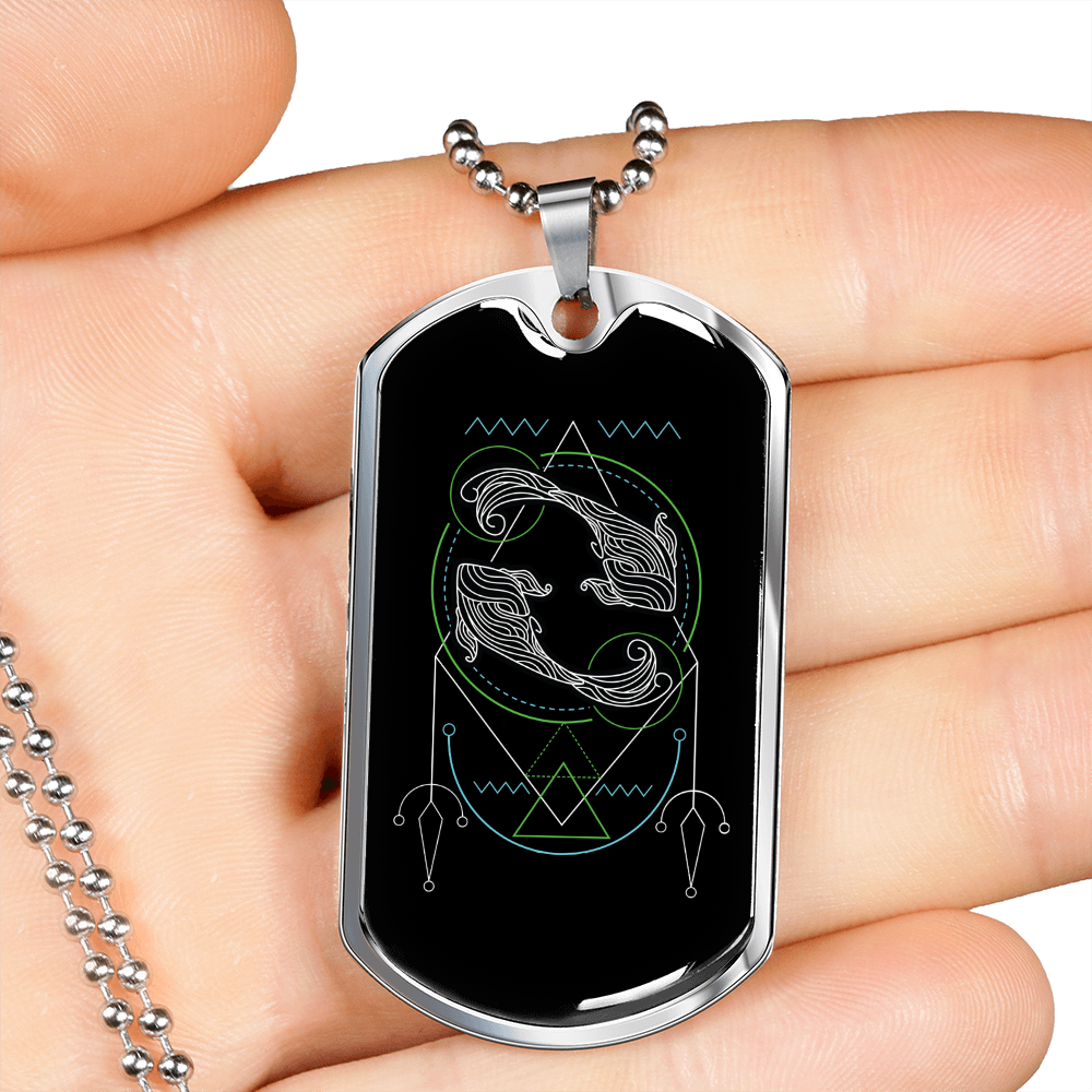 Pisces Black Zodiac Necklace Stainless Steel or 18k Gold Dog Tag 24" Chain-Express Your Love Gifts