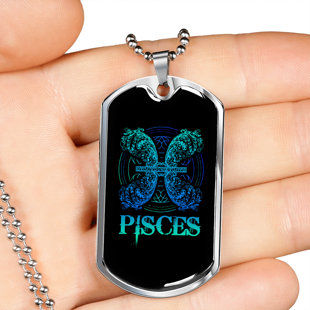 Pisces Fish Zodiac Necklace Stainless Steel or 18k Gold Dog Tag 24" Chain-Express Your Love Gifts