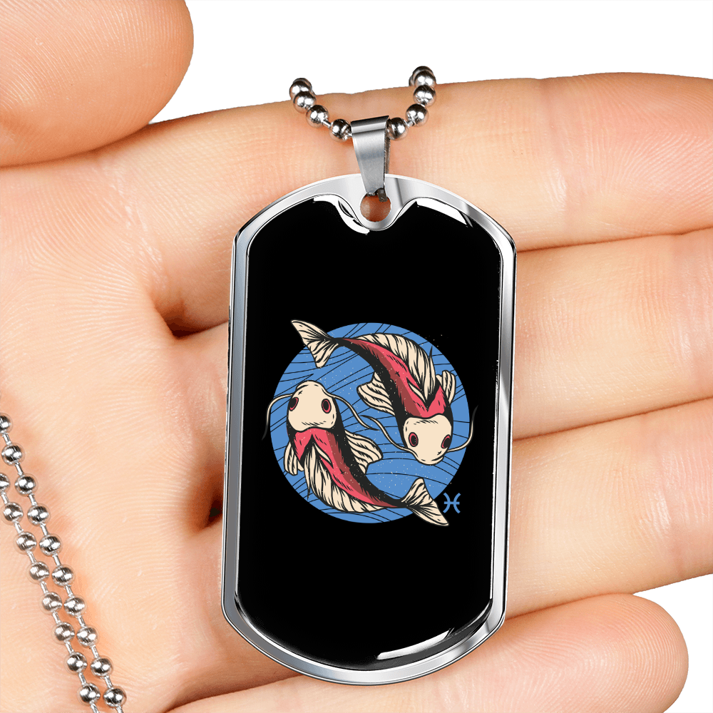 Pisces Zodiac Fish Zodiac Necklace Stainless Steel or 18k Gold Dog Tag 24" Chain-Express Your Love Gifts