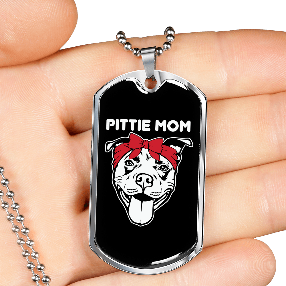Pittie Mom Necklace Stainless Steel or 18k Gold Dog Tag 24" Chain-Express Your Love Gifts