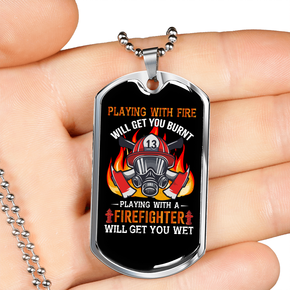Playing With A Fireman Firefighter Gift Stainless Steel or 18k Gold Dog Tag 24" Chain-Express Your Love Gifts