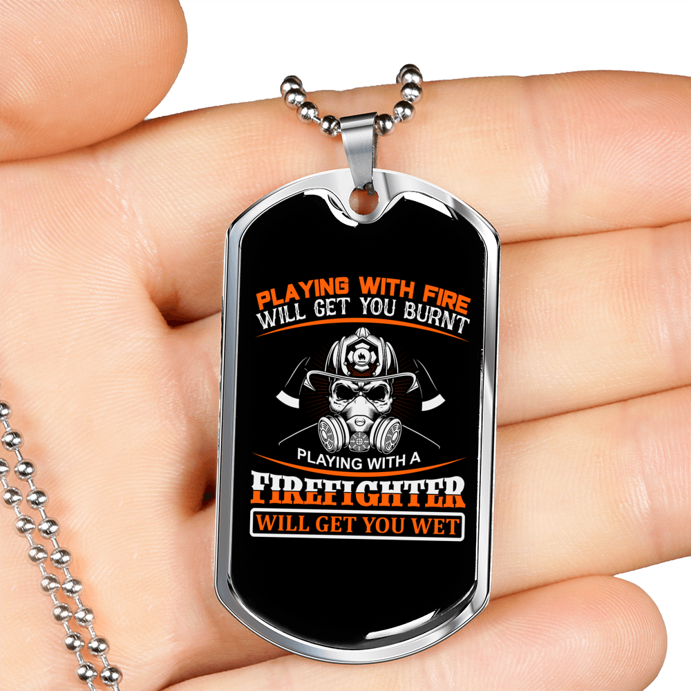 Playing With Fire Firefighter Gift Stainless Steel or 18k Gold Dog Tag 24" Chain-Express Your Love Gifts