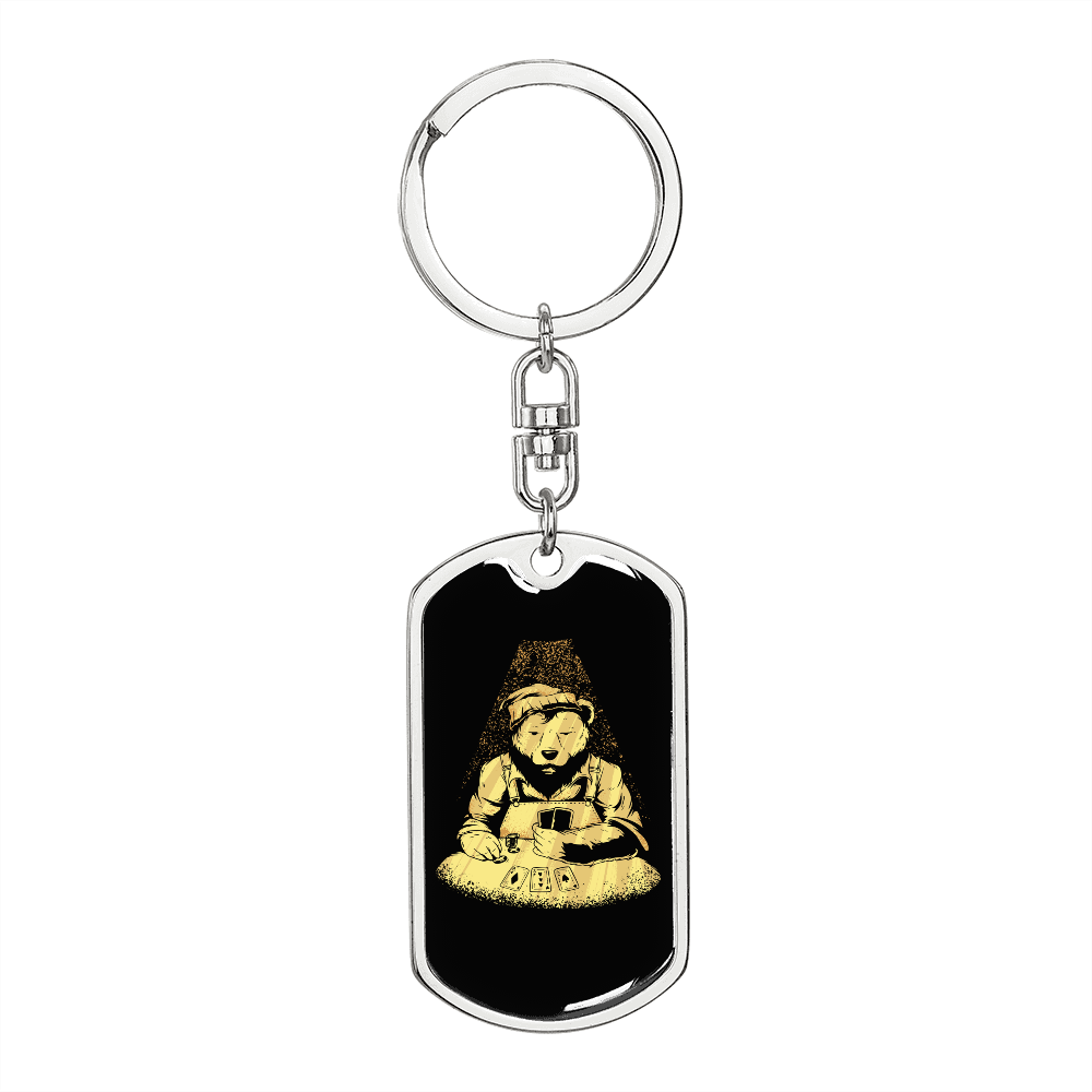 Poker Bear Gambler Keychain Stainless Steel or 18k Gold Dog Tag Keyring-Express Your Love Gifts