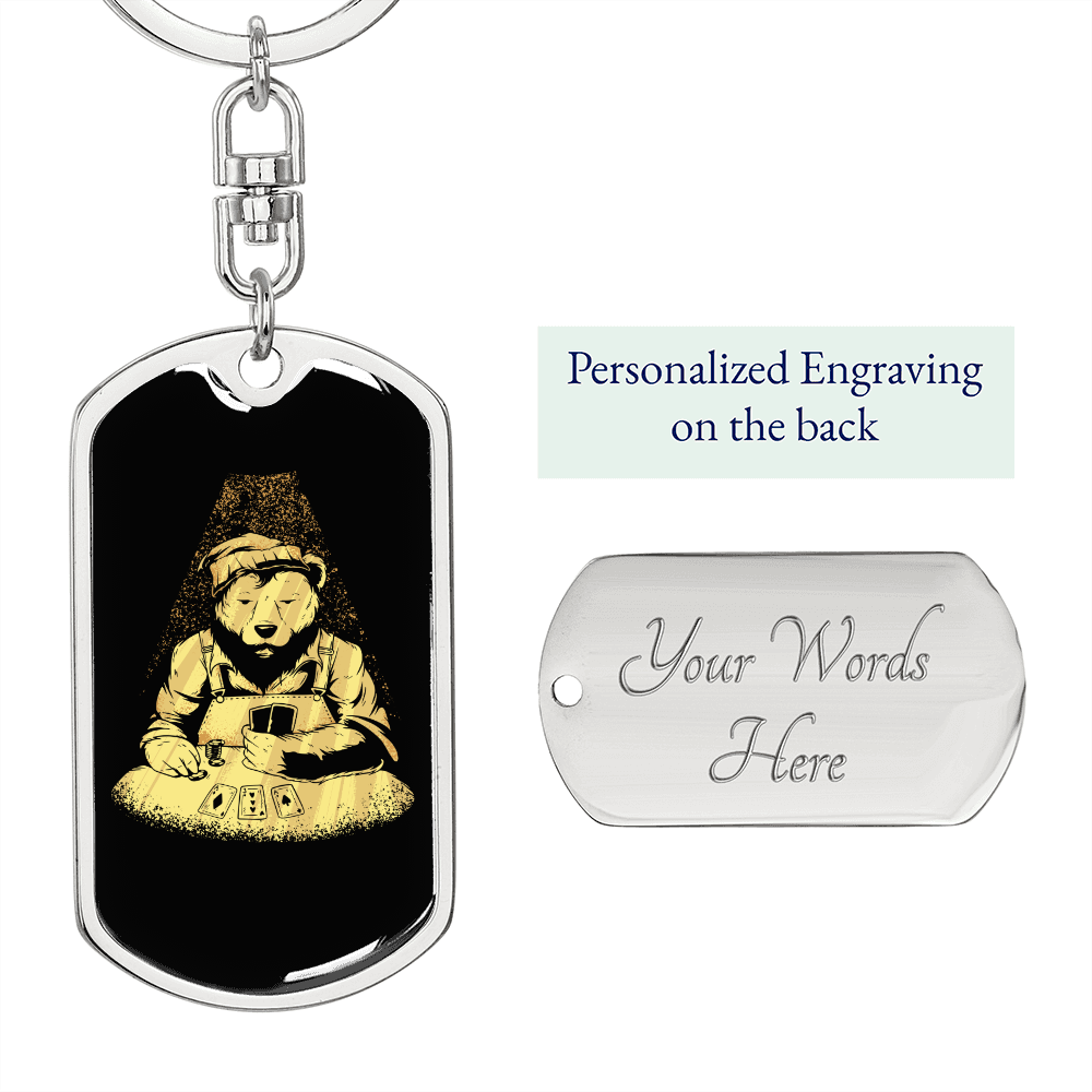Poker Bear Gambler Keychain Stainless Steel or 18k Gold Dog Tag Keyring-Express Your Love Gifts