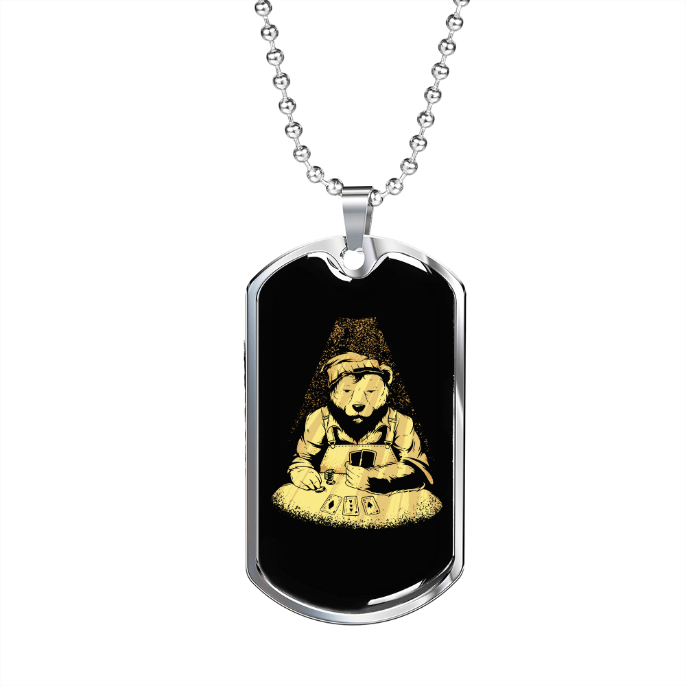 Poker Bear Gambler Necklace Stainless Steel or 18k Gold Dog Tag 24" Chain-Express Your Love Gifts